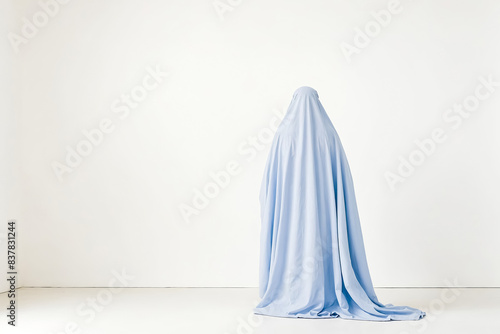 Person Covered In Blue Fabric Standing Against White Wall