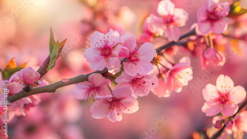 cherry blossom branches in full bloom against a bright, clear sky