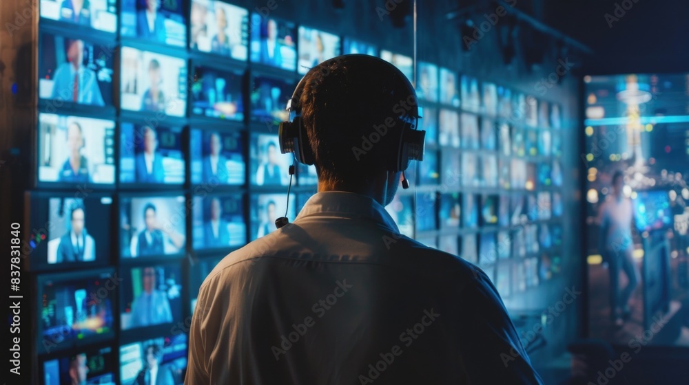 Emergency operators wearing a headset, Security guards in security control rooms with video walls or legal service of dangerous law patrol. Emergency operators wearing a headset, Security guards in security control rooms with video walls or legal service of dangerous law patrol.