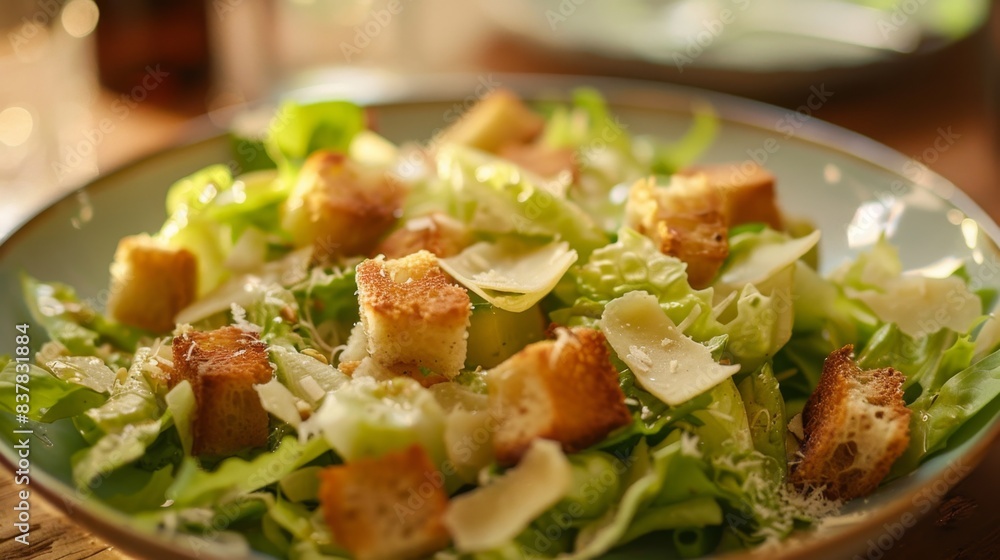 Close-up of Caesar salad with croutons, parmesan cheese, and lettuce in a bowl. Close-up of Caesar salad with croutons, parmesan cheese, and lettuce in a bowl.