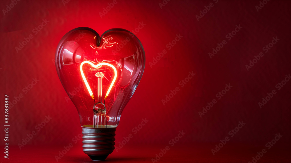 clear glass light bulb with a heart-shaped filament glowing warmly on a scarlet red background