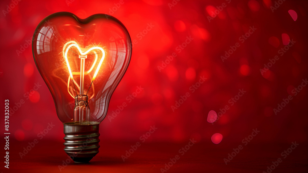 clear glass light bulb with a heart-shaped filament glowing warmly on a scarlet red background clear glass light bulb with a heart-shaped filament glowing warmly on a scarlet red background