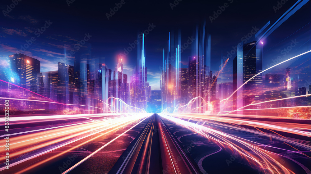 Neon Lights Speeding Through Futuristic City Neon Lights Speeding Through Futuristic City