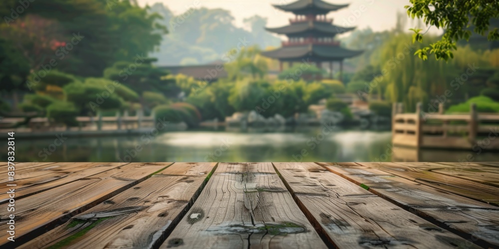 Empty wood table top and a blurred Chinese zen garden with a pond and ancient temple in the background, for displaying or mounting your products