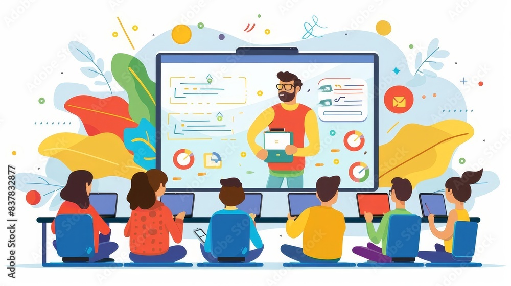 Virtual classroom with students on laptops, teacher on screen, modern online learning environment, interactive whiteboard, digital tools Virtual classroom with students on laptops, teacher on screen, modern online learning environment, interactive whiteboard, digital tools