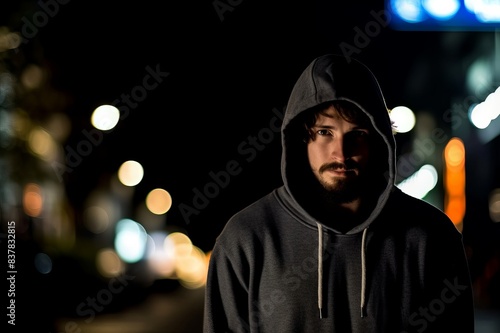 man wearing hoodie on night street