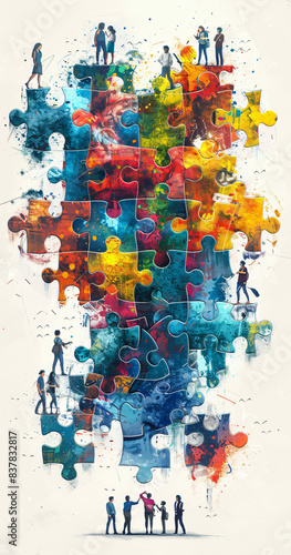 People searching for creative solutions. Teamwork business concept. Modern vector illustration of people connecting puzzle elements , white backgound 