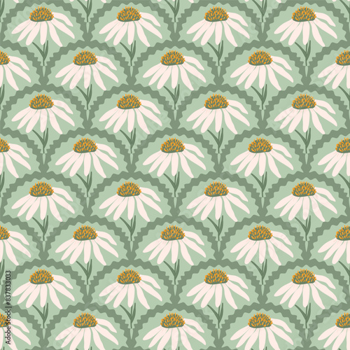 Camomile flowers seamless scalloped pattern. Floral white daisy endless background. Flowers Chamomile ornament. Vector flat hand drawn illustration.