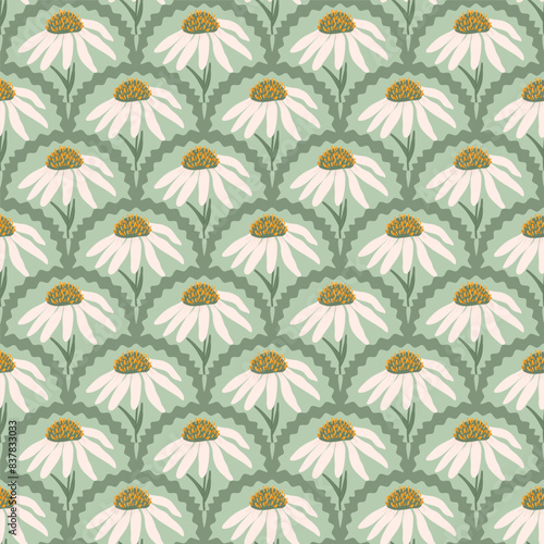 Camomile flowers seamless scalloped pattern. Floral white daisy endless background. Flowers Chamomile ornament. Vector flat hand drawn illustration.