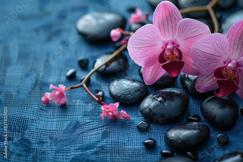Purple orchid, black stones, blue cloth, water droplets