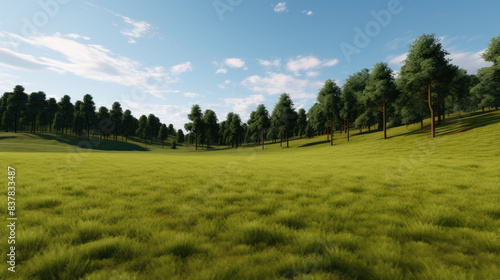 Serene Green Meadow With Pine Trees