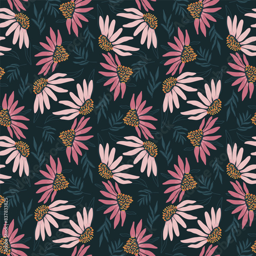 Coneflowers meadow seamless pattern. Purple echinacea dark continuous backdrop. Floral endless background. Night summer field rustic mood. Stylized botanical repeat cover. Vector illustration.
