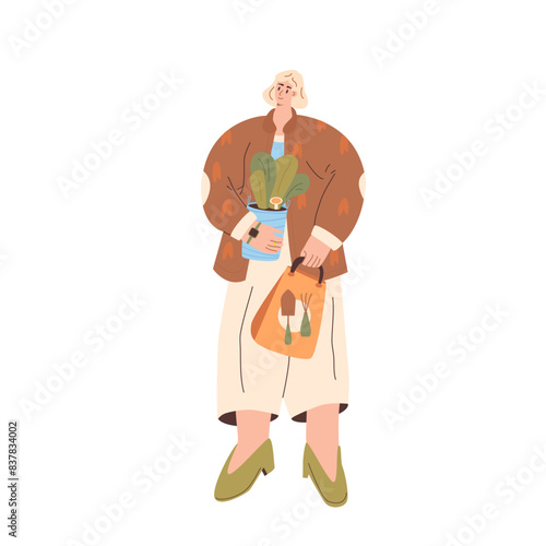 Woman with plant and gardening purchases isolated on white background. Horticulture gardener hobby character. Houseplant and garden market and store tools. Vector flat illustration.