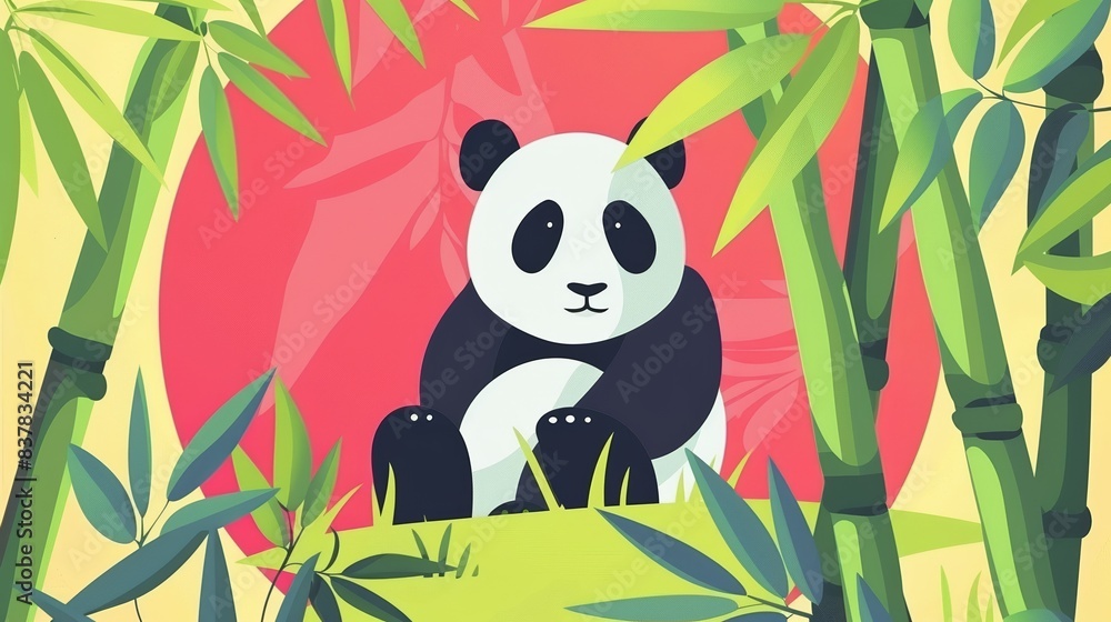 Cute panda illustration sitting among bamboo trees with a red sun in the background. Vibrant colors and playful design. Cute panda illustration sitting among bamboo trees with a red sun in the background. Vibrant colors and playful design.