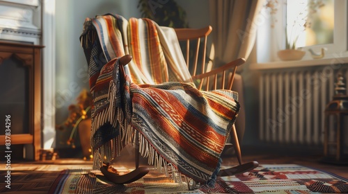 A 3D render of a bold striped throw blanket, draped over a rocking chair, colorful and detailed, with soft, ambient light photo