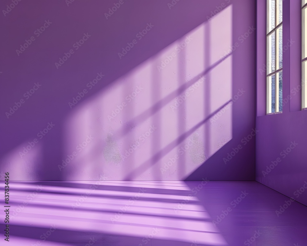 3D rendering of an empty room with purple wall and floor sunlight from window background for product presentattion 3D rendering of an empty room with purple wall and floor sunlight from window background for product presentattion