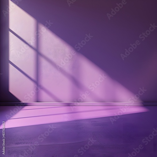 3D rendering of an empty room with purple wall and floor sunlight from window background for product presentattion photo