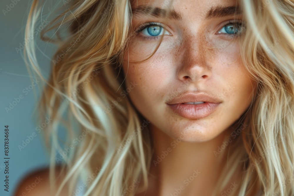 Portrait of blond woman with freckles and blue eyes Portrait of blond woman with freckles and blue eyes