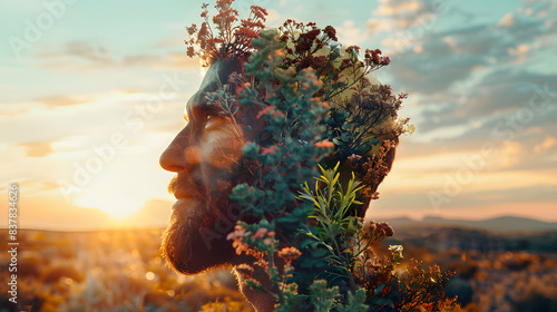 Photo realistic as Botanist with desert flora concept: A botanist s profile blending with desert flora, symbolizing the study and beauty of arid environments. Ideal for environment photo