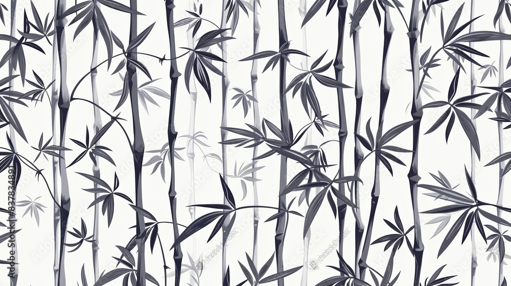 Naklejka premium Elegant black and white bamboo illustration, depicting slender bamboo stems and leaves in a simplistic, Asian-inspired nature pattern.