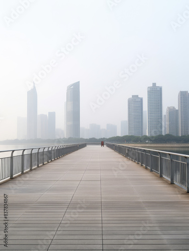 Foggy Skyline Pier with Modern Buildings