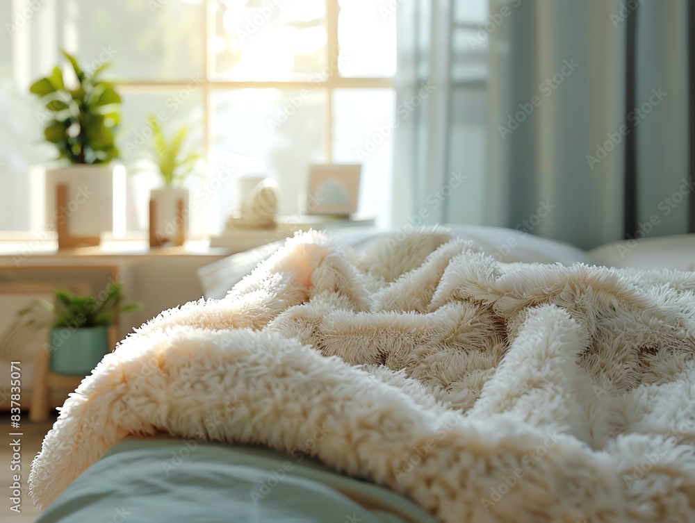 A 3D render of a fluffy fleece throw blanket, folded at the foot of a bed, soft textures and pastel colors, morning sunlight filtering through a window