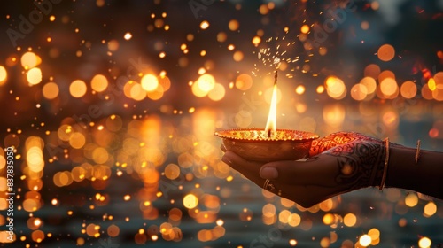 The Hindu festival of lights symbolizes the victory of light over darkness. It involves lighting lamps, fireworks, and family gatherings. photo