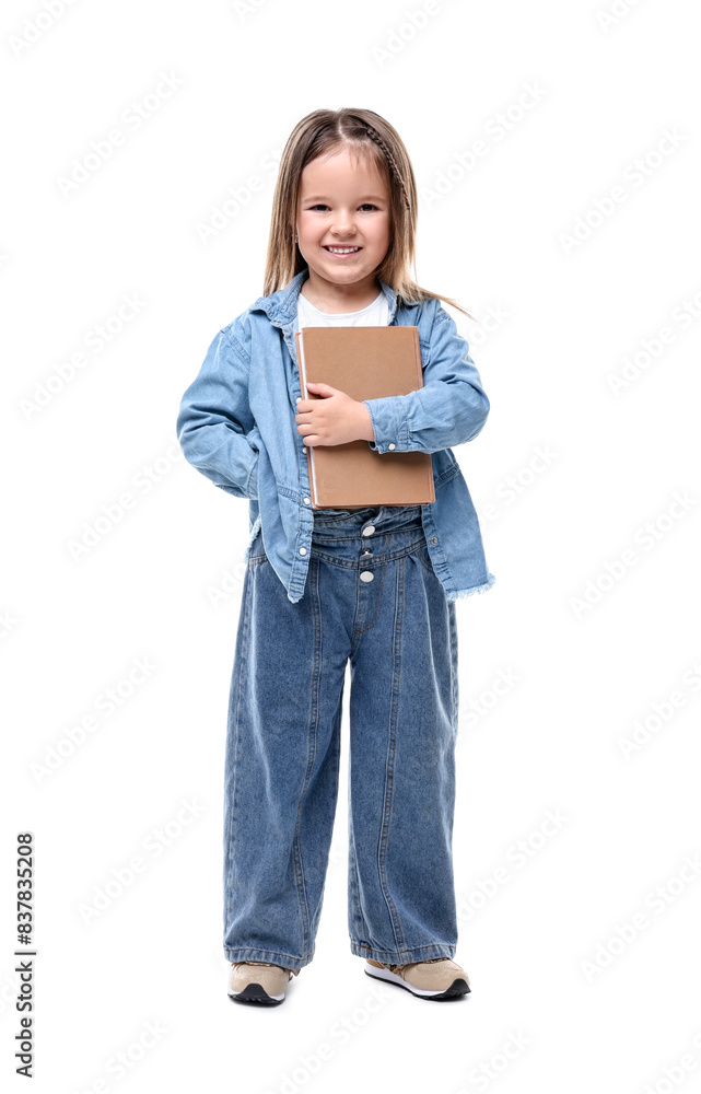 Cute little girl with book on white background Cute little girl with book on white background
