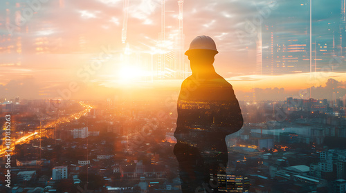 Wallpaper Mural Double exposure of engineer standing in sunlight, city view Torontodigital.ca