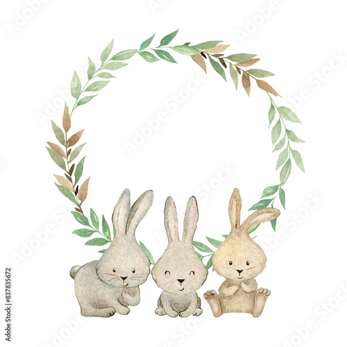 Vector watercolor woodland wreath with bunnies. Baby shower card.