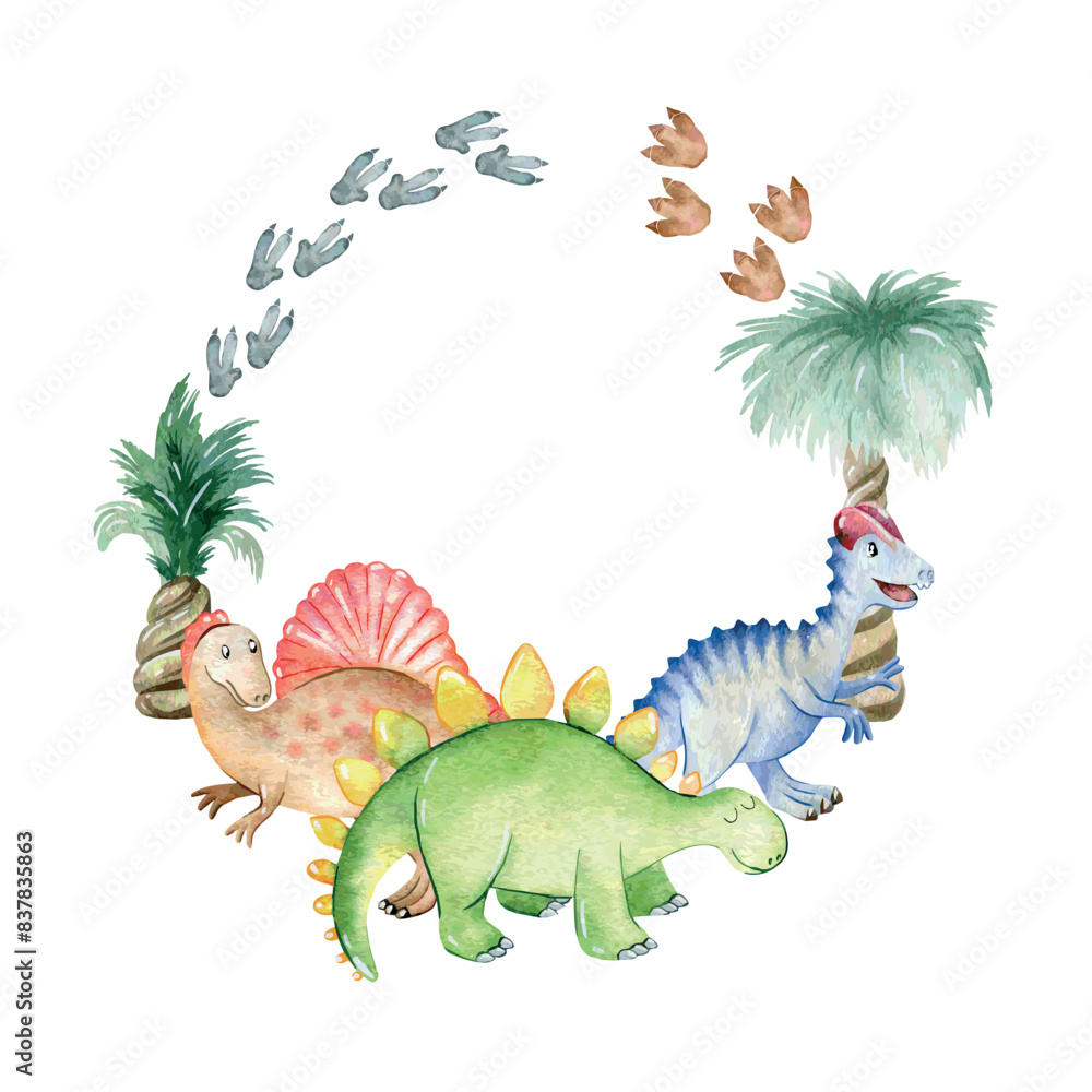 Fototapeta premium Vector watercolor card with cute dinosaurs. Hand drawn illustration