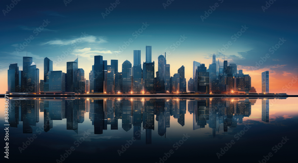 Majestic City Skyline Reflecting at Sunset