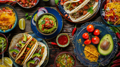 A colorful spread of Mexican food on a rustic wooden table, featuring tacos, guacamole, salsa, and fresh vegetables. Ideal for food blogs, culinary websites, and festive meal inspiration © AIRina