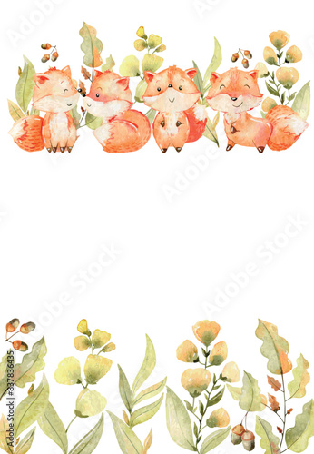 Baby shower frame. Watercolor vector woodland card with foxes.