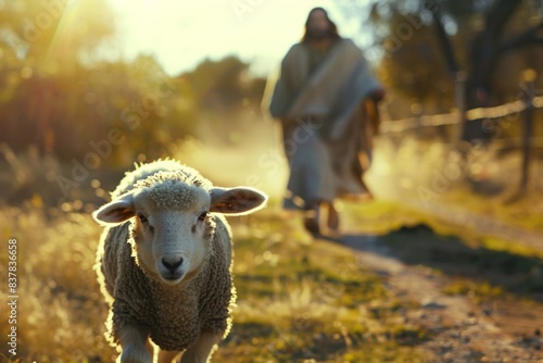 In front of the camera is a lost lamb, and behind it is Jesus chasing after him