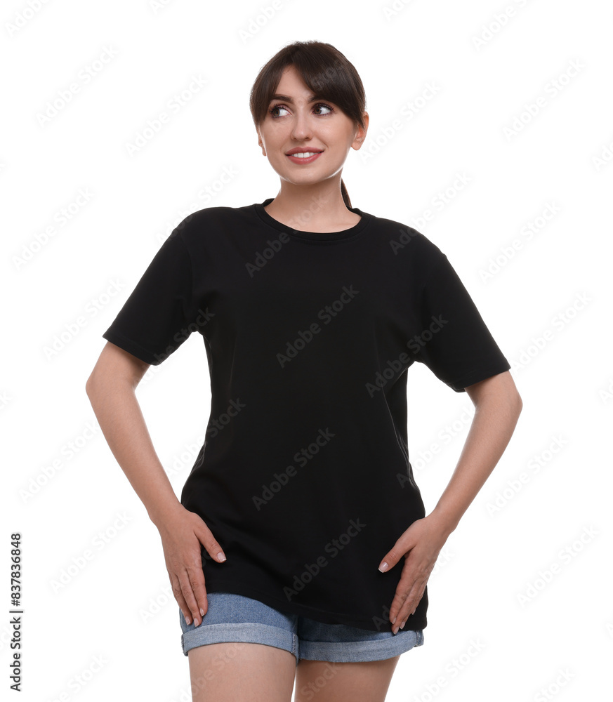 Smiling woman in stylish black t-shirt on white background Smiling woman in stylish black t-shirt on white background
