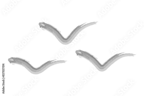 Seagulls. Three birds, high in the sky, view from afar. Silhouette. Vector illustration. Hand drawn watercolor drawing. Birds in the form of checkmarks. Outline on a white isolated background. 