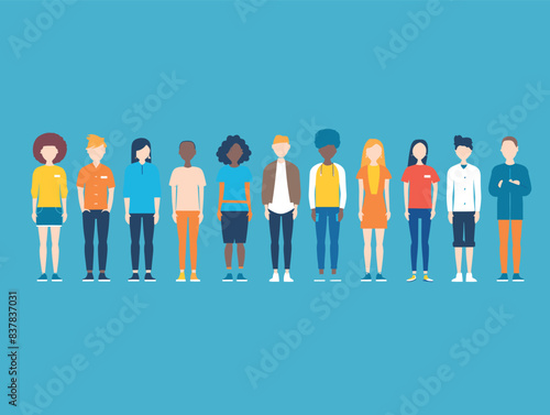 Group diverse flat design characters standing side side, casual clothing, multicultural representation. Diverse ethnicities, modern youth, casual attire, standing together, unity concept, blue