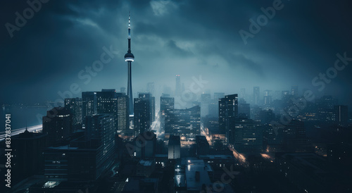 Moody Night Cityscape with Tower