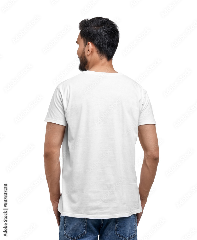 Man in t-shirt on white background, back view Man in t-shirt on white background, back view