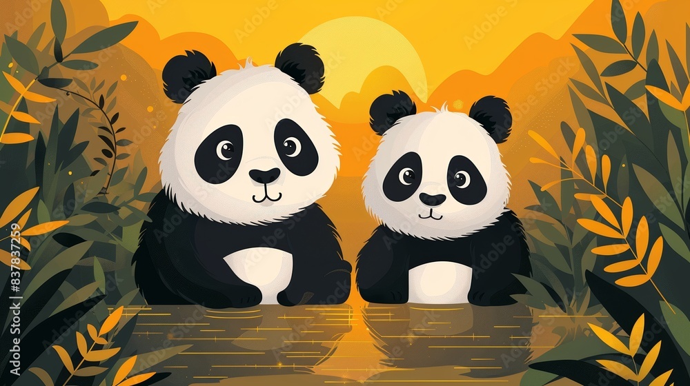 Illustration of two adorable pandas in a lush bamboo forest with a sunset background, perfect for children's books and nature themes. Illustration of two adorable pandas in a lush bamboo forest with a sunset background, perfect for children's books and nature themes.