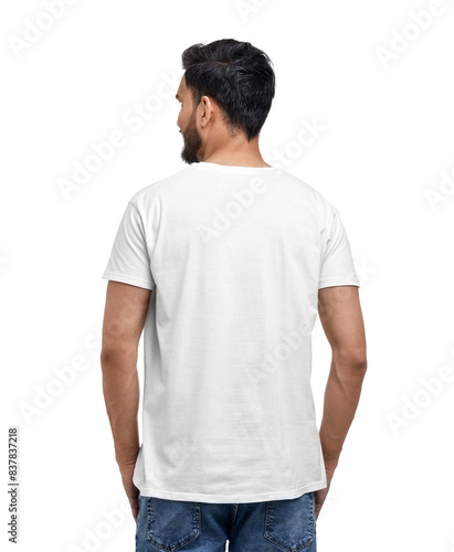 Man in t-shirt on white background, back view