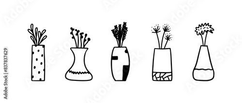 Doodle set of cute flowers in vases and pots isolated on white background. Hand drawn bouquet drawing. Vector illustration. Perfect for cards, decorations, logo.