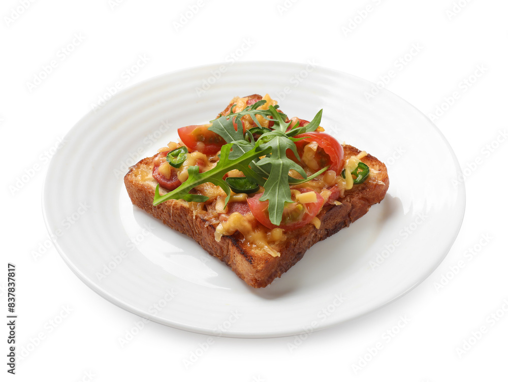 Plate with tasty pizza toast isolated on white Plate with tasty pizza toast isolated on white