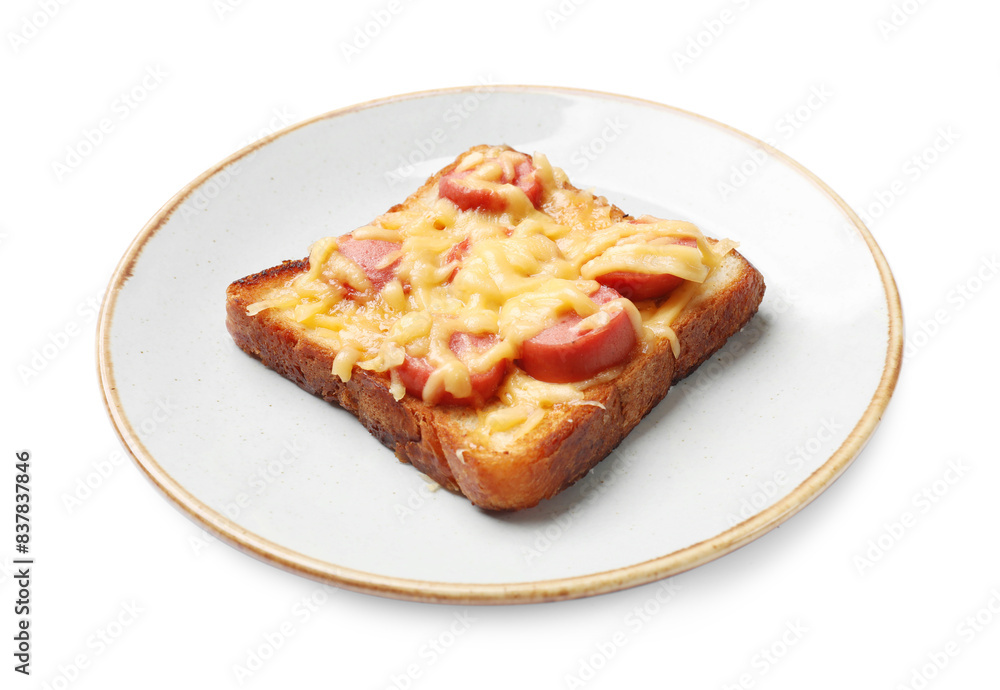 Plate with tasty pizza toast isolated on white Plate with tasty pizza toast isolated on white