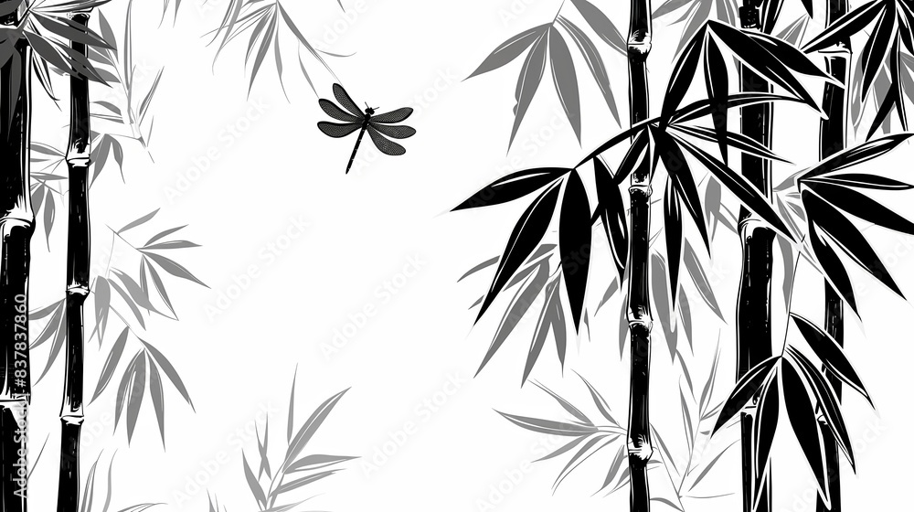 Naklejka premium Minimalistic black and white of bamboo stalks and leaves with dragonfly in flight, highlighting simplicity and natural beauty.