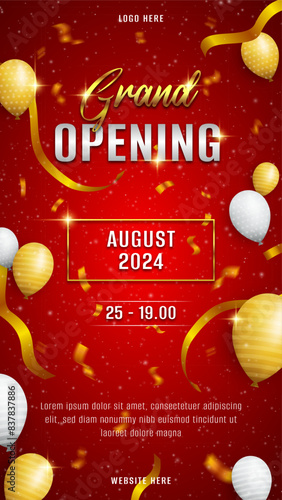 grand opening banner and background decorated with red curtains and balloons with a luxury theme