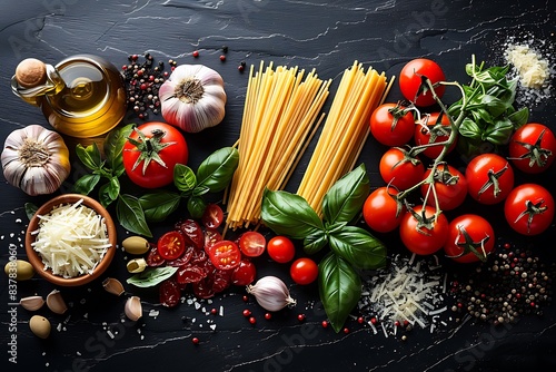 Tomatoes, Basil, Spaghetti, Mushrooms, Olives, Parmesan, Olive oil, Garlic, Peppercorns, Rosemary, Parsley on black background. Italian food background..