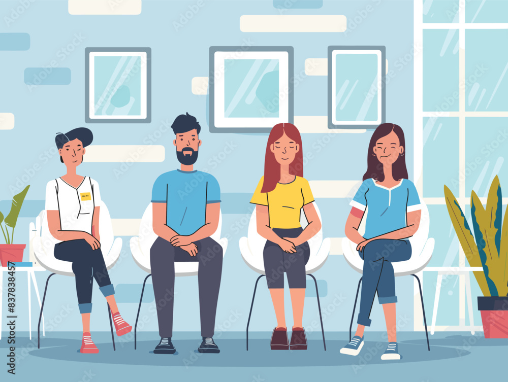 Fototapeta premium Four people sitting waiting room, two men two women, diverse, casual clothes, indoor plants, relaxed posture. Cartoon characters clinic lobby, health care setting, calm expressions, modern interior