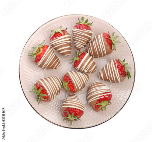 Delicious chocolate covered strawberries isolated on white, top view photo